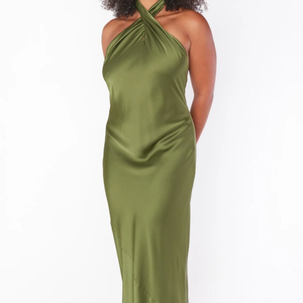 show me your mumu jasmine halter olive green satin bridesmaid dress